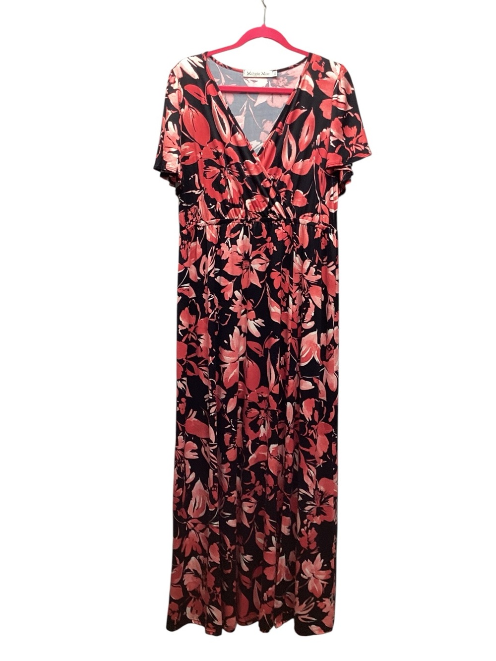 Michelle Mae resortwear Black Maxi Dress with Coral Floral Pattern size XL